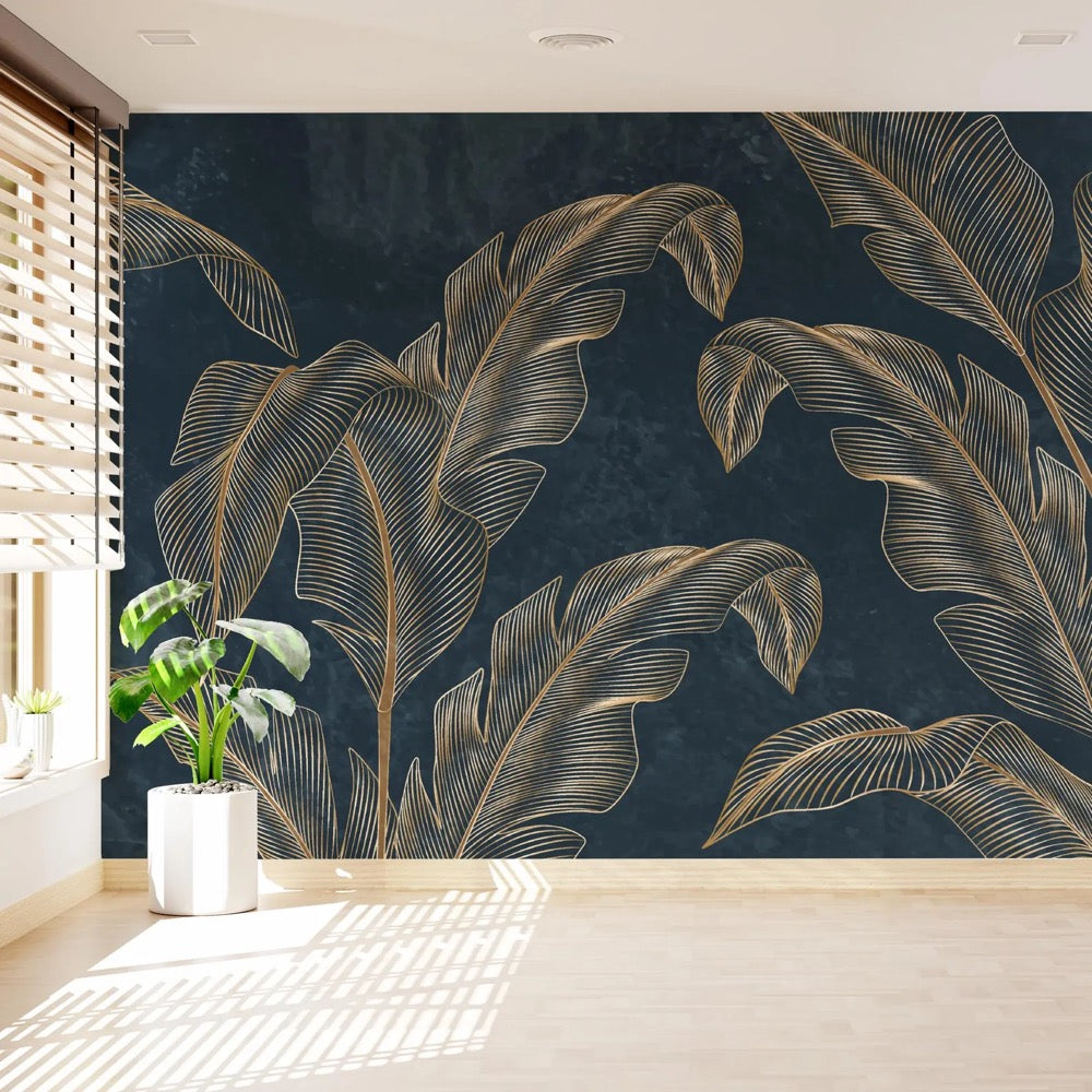 Luxury Dark Botanical Wall Mural – Gold Banana Leaves on Deep Teal – Modern Art Deco Wallpaper, Custom Size