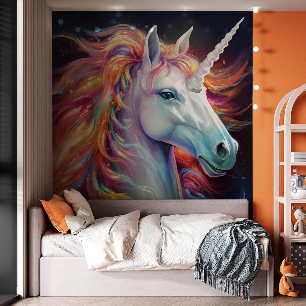 Colorful Unicorn Wall Mural for Kids Room – Fantasy Rainbow Horse Wallpaper – Magical Nursery