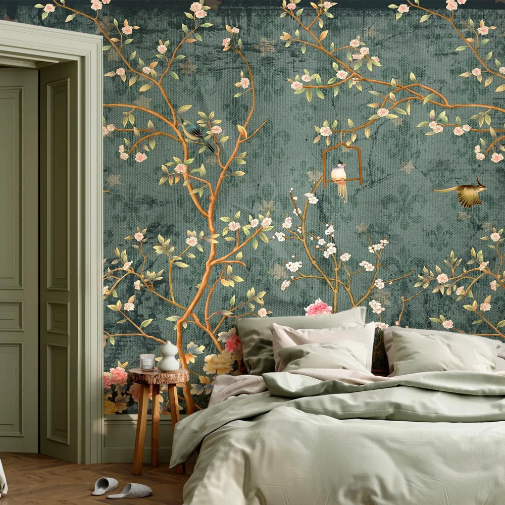 Dark Blue Chinoiserie Wallpaper Mural, Bird Wallpaper Peel and Stick, Chinoiserie Floral Wallpaper