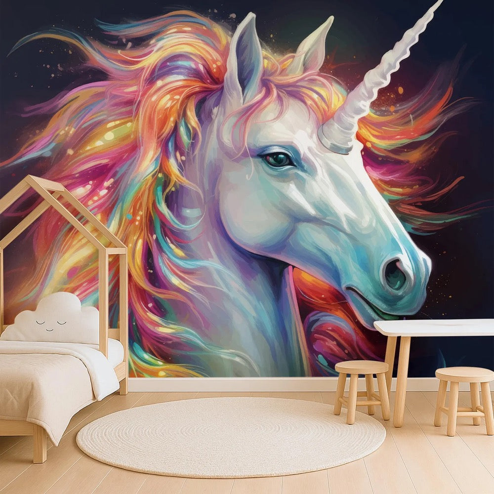 Colorful Unicorn Wall Mural for Kids Room – Fantasy Rainbow Horse Wallpaper – Magical Nursery
