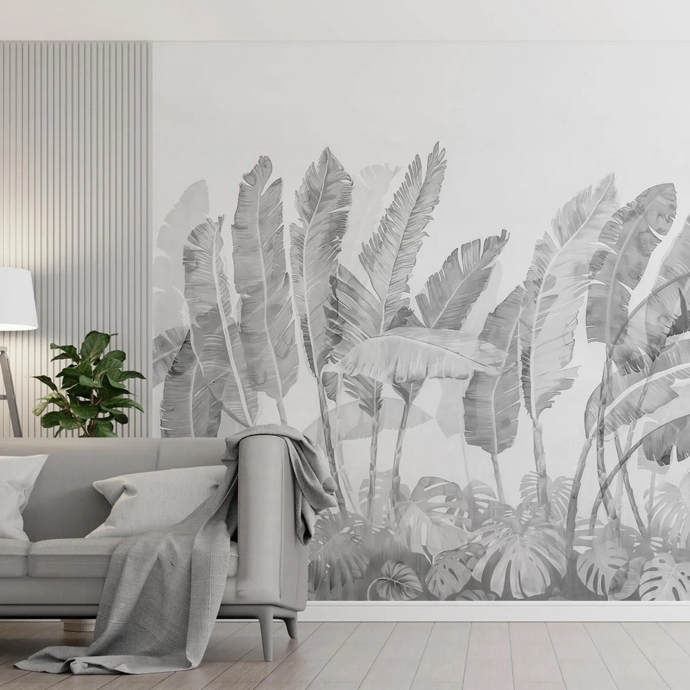 Monochrome Tropical Wall Mural – Black and White Banana Leaf Wallpaper – Neutral Botanical Wall Art