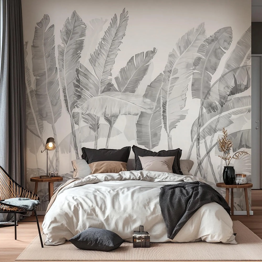 Monochrome Tropical Wall Mural – Black and White Banana Leaf Wallpaper – Neutral Botanical Wall Art