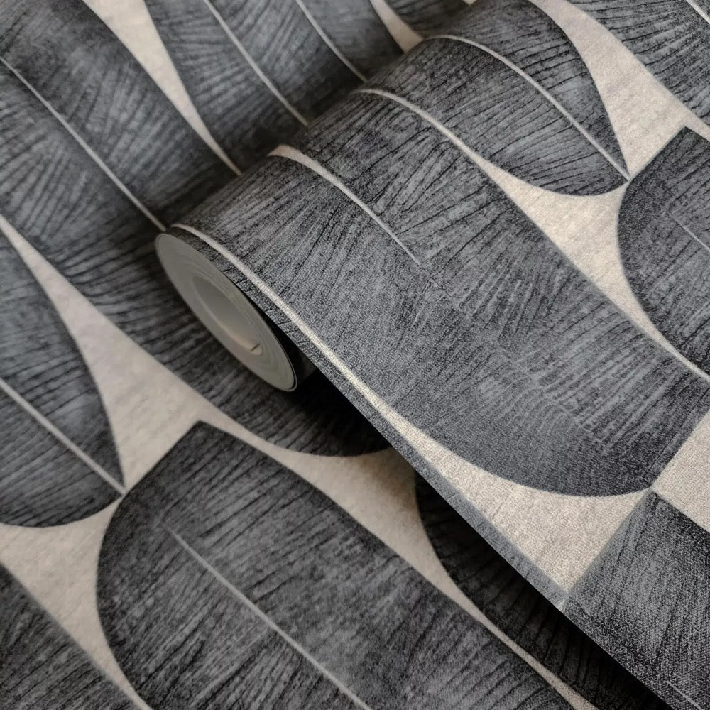 Geometric fossil leaf Faux fabric Textured gray tan beige cream modern wallpaper