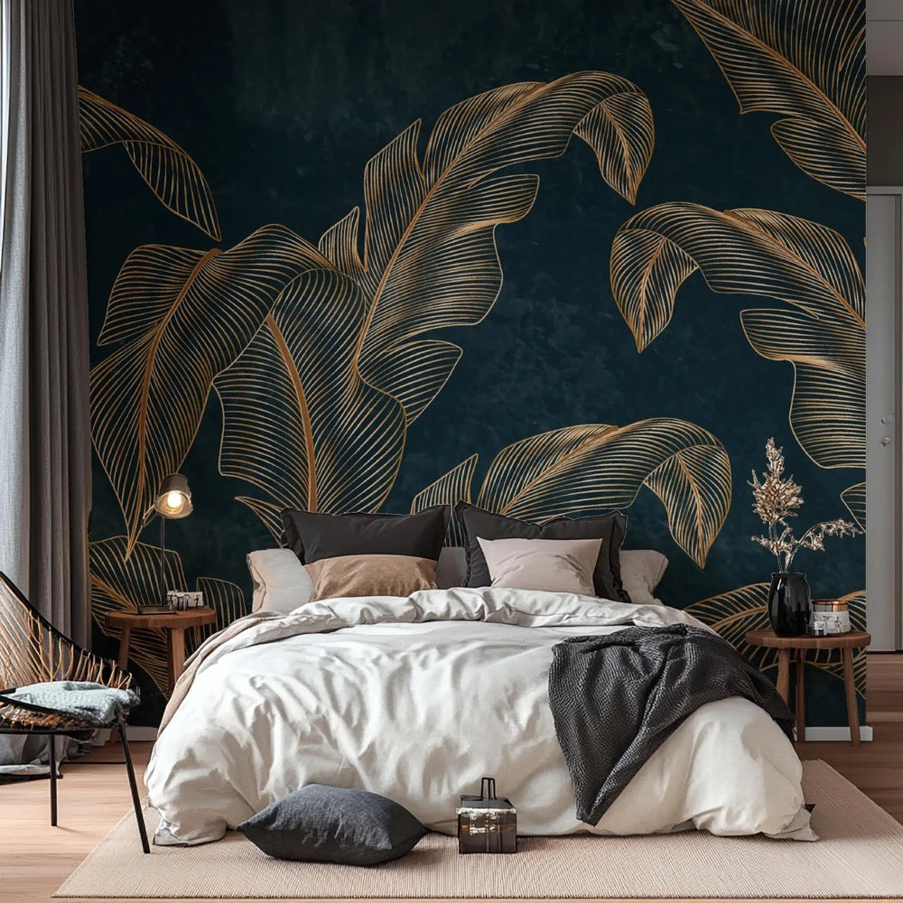 Luxury Dark Botanical Wall Mural – Gold Banana Leaves on Deep Teal – Modern Art Deco Wallpaper, Custom Size