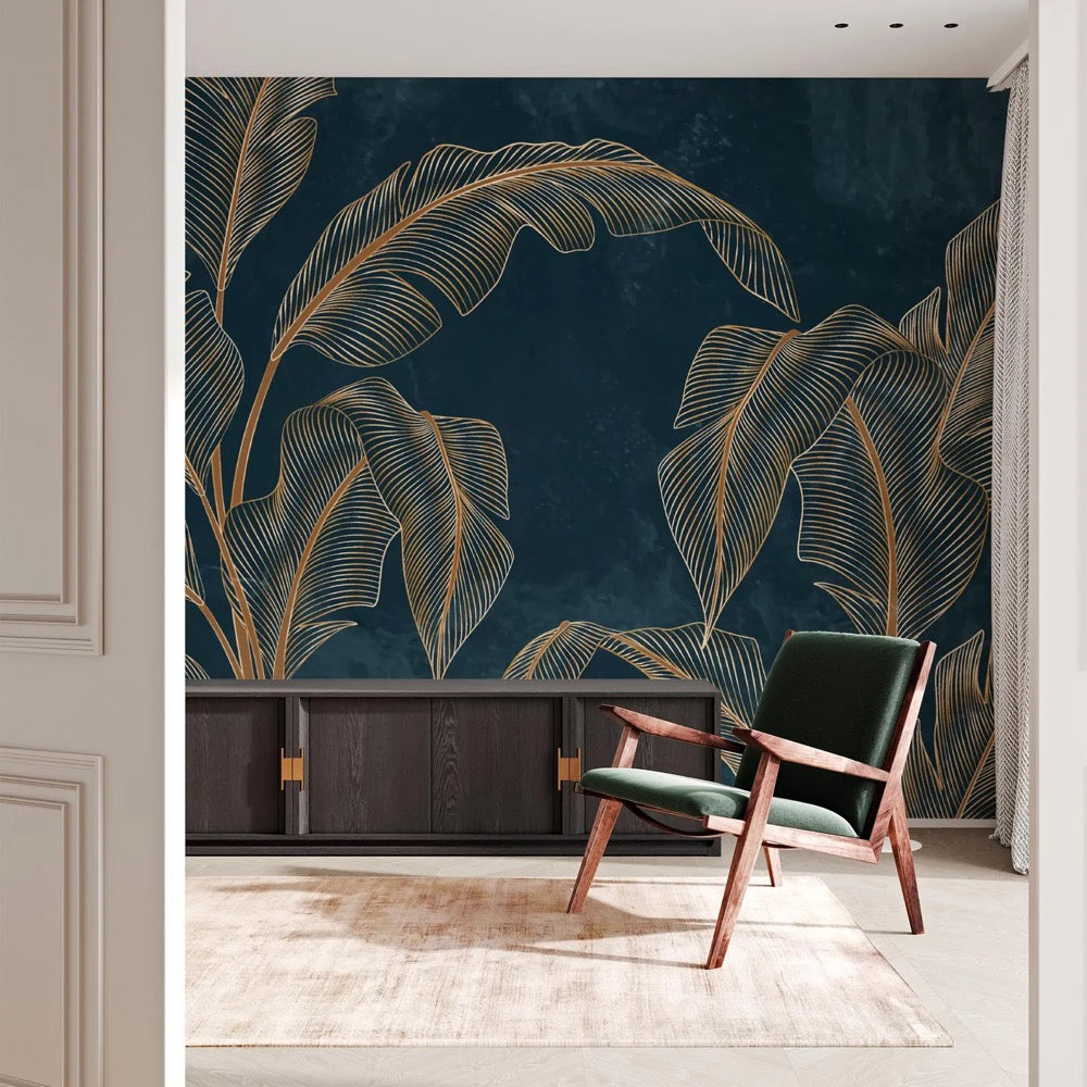 Luxury Dark Botanical Wall Mural – Gold Banana Leaves on Deep Teal – Modern Art Deco Wallpaper, Custom Size