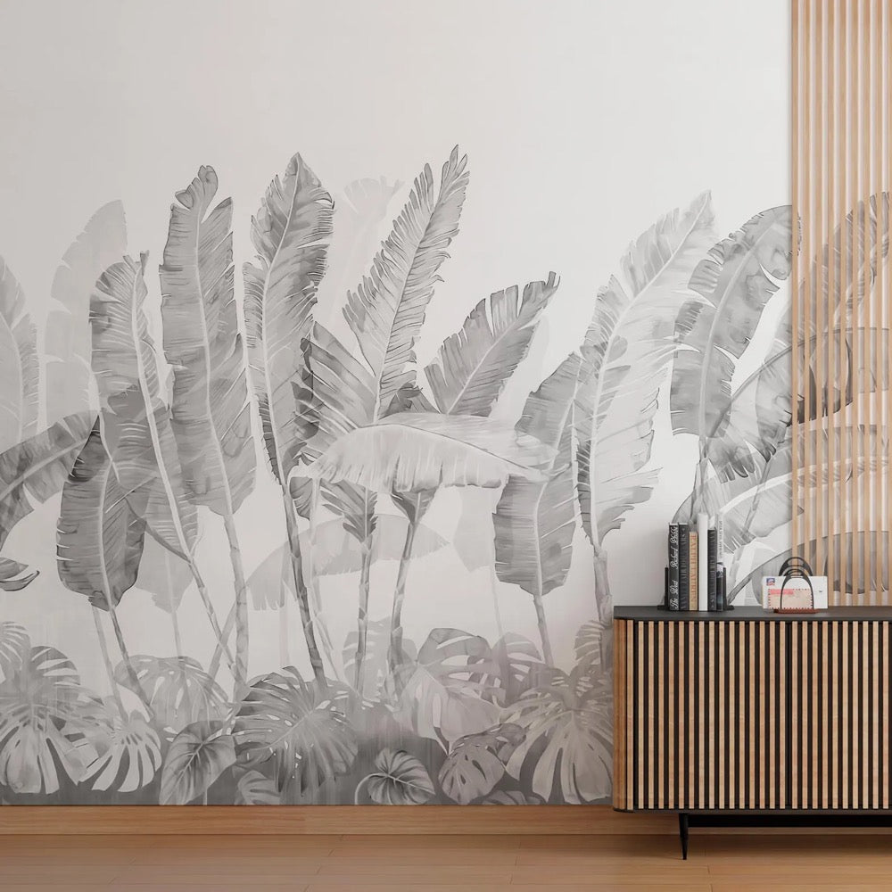 Monochrome Tropical Wall Mural – Black and White Banana Leaf Wallpaper – Neutral Botanical Wall Art