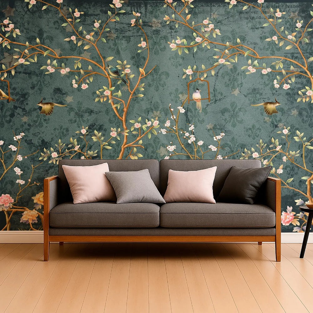 Dark Blue Chinoiserie Wallpaper Mural, Bird Wallpaper Peel and Stick, Chinoiserie Floral Wallpaper