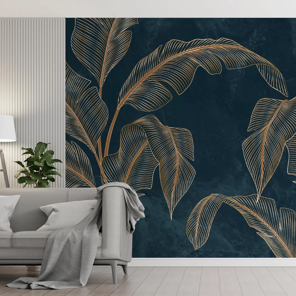 Luxury Dark Botanical Wall Mural – Gold Banana Leaves on Deep Teal – Modern Art Deco Wallpaper, Custom Size