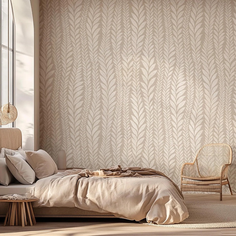Neutral Leaf Pattern Wallpaper – Modern Botanical Wall Mural – Beige Peel & Stick