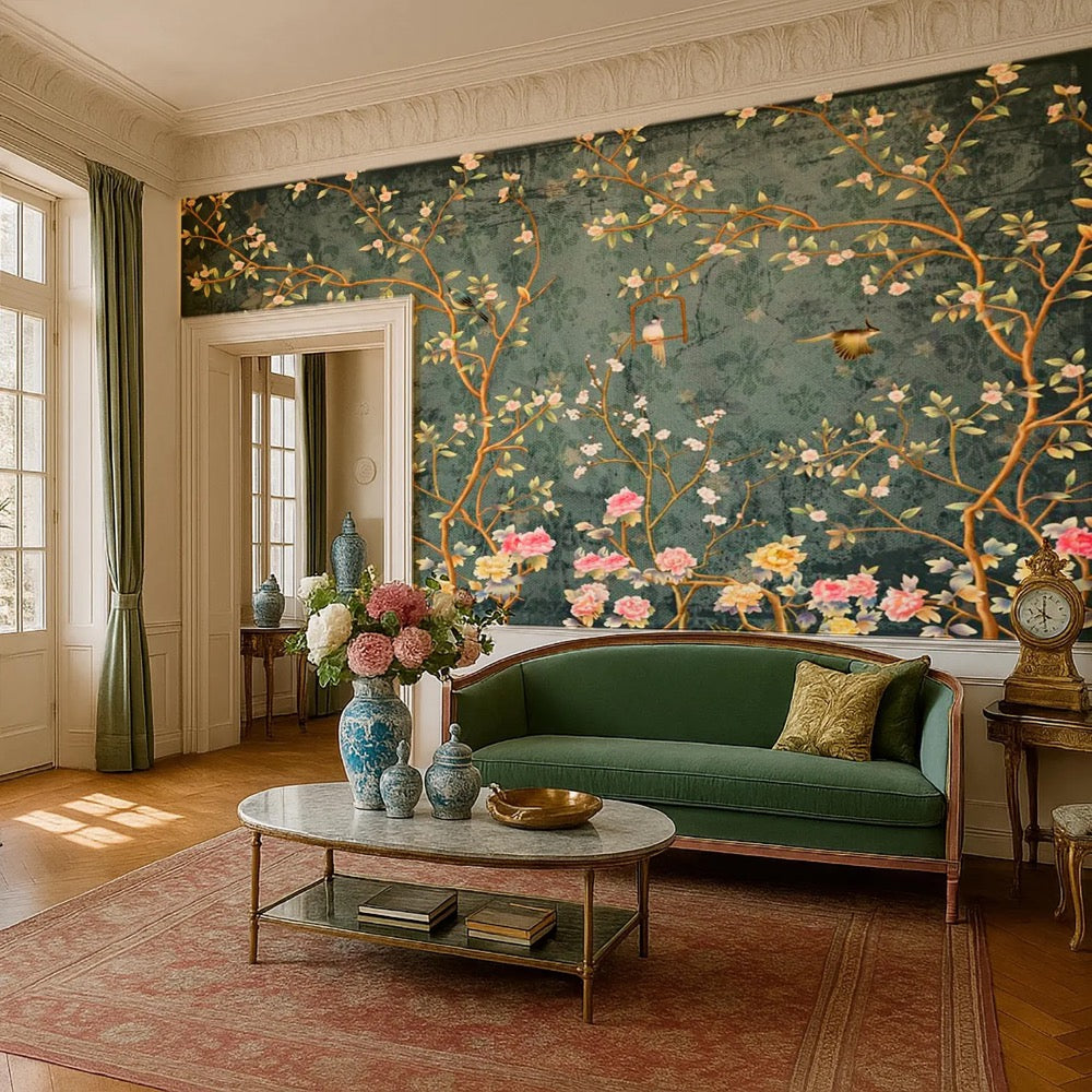 Dark Blue Chinoiserie Wallpaper Mural, Bird Wallpaper Peel and Stick, Chinoiserie Floral Wallpaper