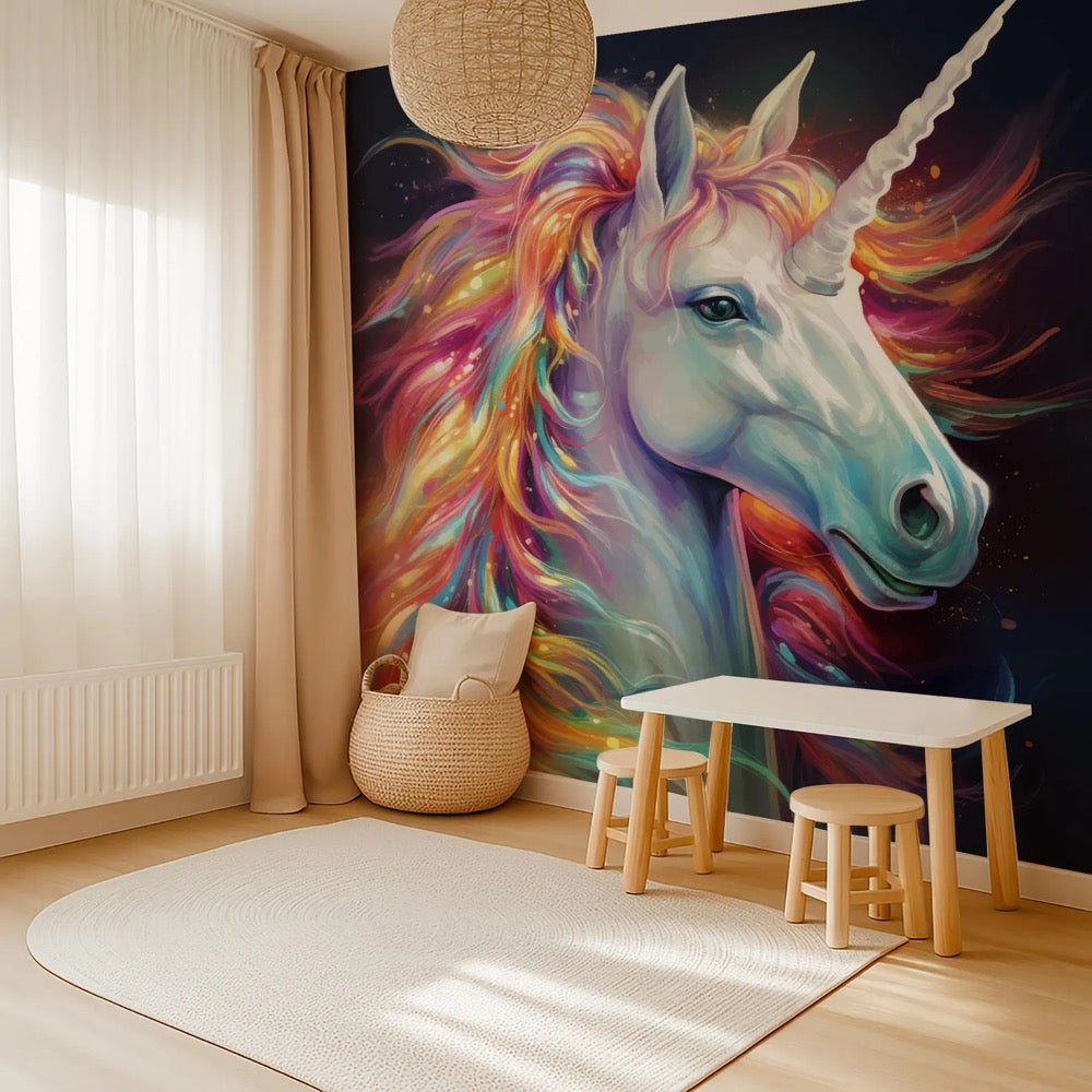Colorful Unicorn Wall Mural for Kids Room – Fantasy Rainbow Horse Wallpaper – Magical Nursery