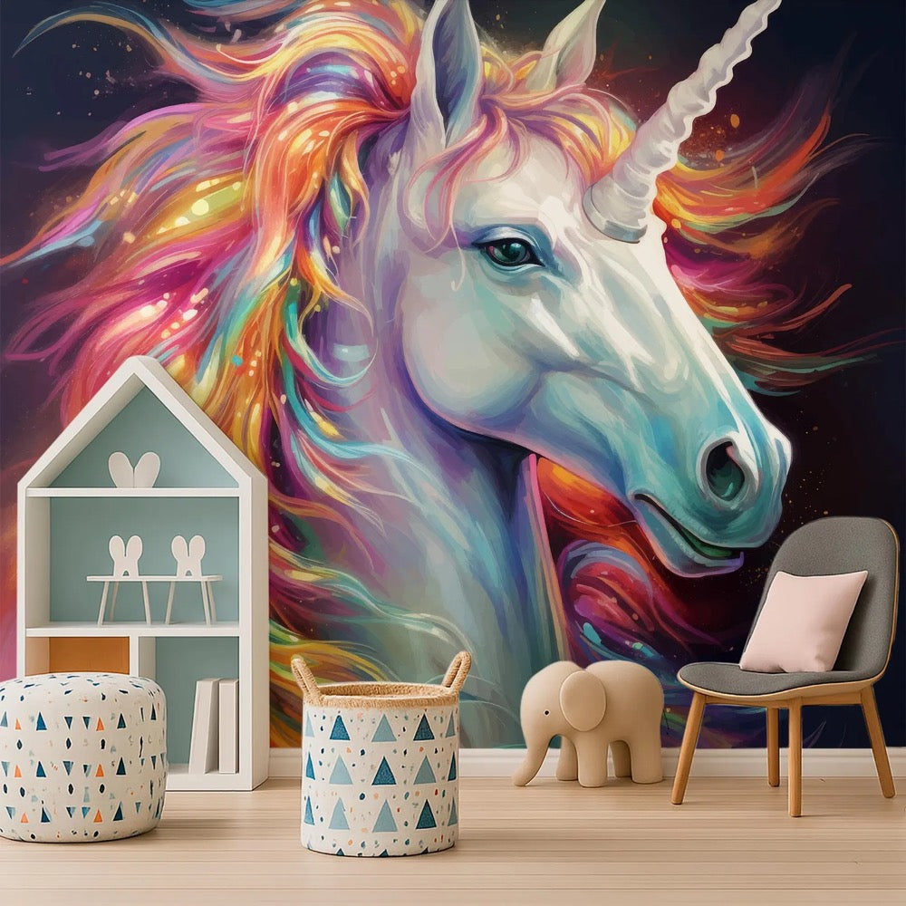 Colorful Unicorn Wall Mural for Kids Room – Fantasy Rainbow Horse Wallpaper – Magical Nursery